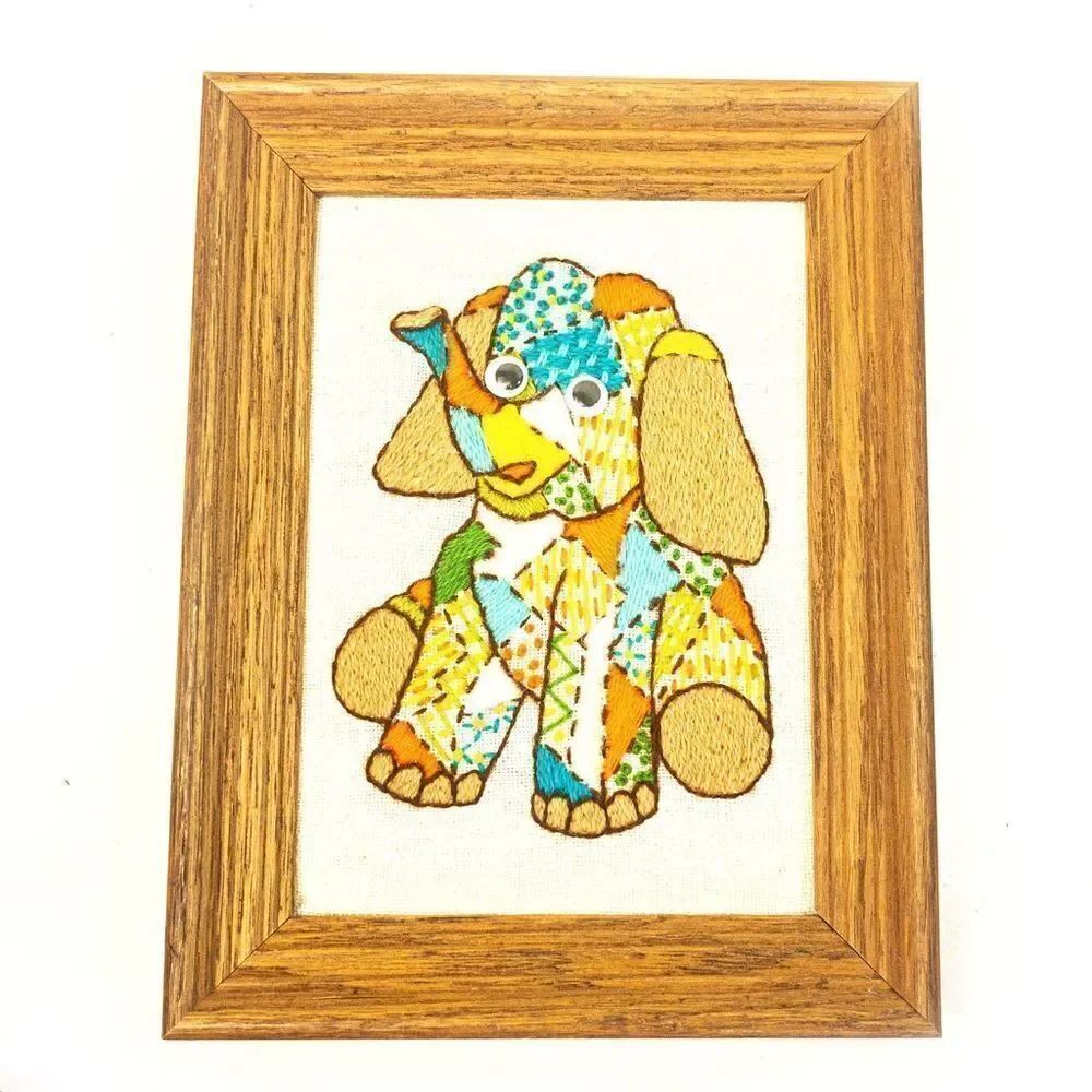 Vintage Nursery 1978 Crewel Stitch Elephant Framed Wall Decor